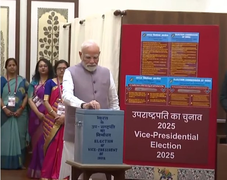 PM Modi Votes in VP Poll; NDA’s Radhakrishnan vs INDIA’s Reddy