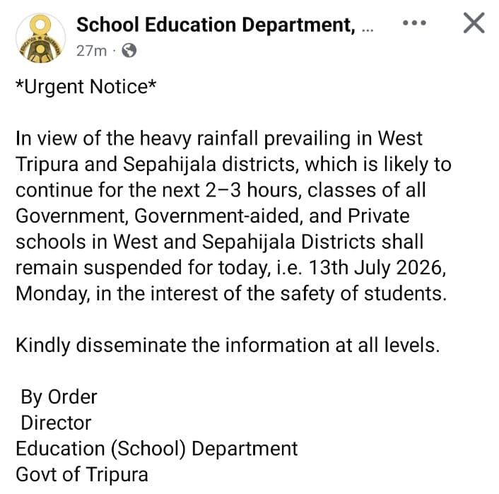 Schools in West and Sepahijala Districts Closed Today Due to Heavy Rainfall