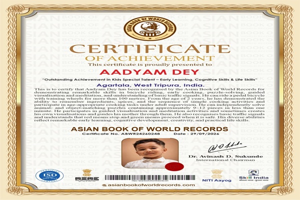 Three-year-old Agartala boy recognised by Asian Book of World Records