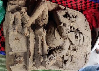 Large stone statue discover while working on a village road project