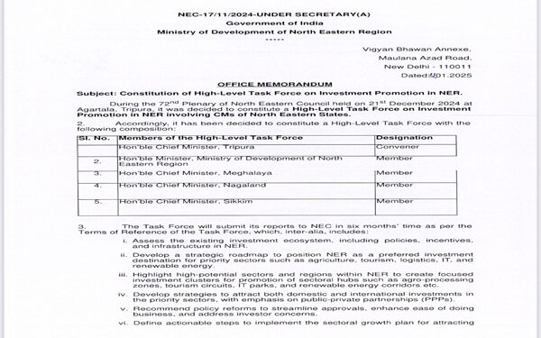 MDoNER appointed CM Dr Saha as Convener of high level task force for investment promotion in NE