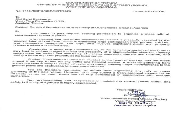 Tripura Police Denies Tipra Motha Rally Nod for Nov 7