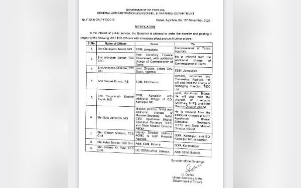Tripura govt issues major transfer, posting order for IAS/TCS