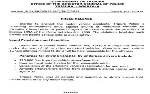 Tripura Police begin strict crackdown on juvenile driving