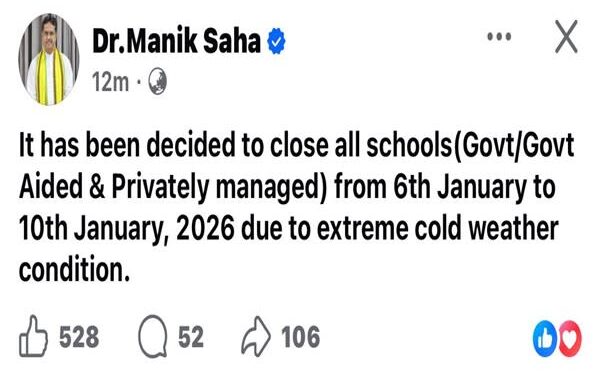 Severe Cold Wave: Tripura Schools Shut for Five Days