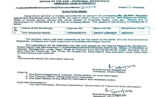 Ambassa SDM Grants SDRF Aid to Electrocuted Minor