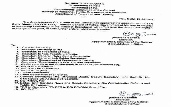 Rajiv Singh appointed Secretary (Security) at Centre