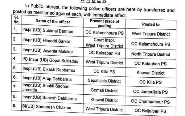 Major Reshuffle in Tripura Police at OC and SDPO Levels Likely Soon